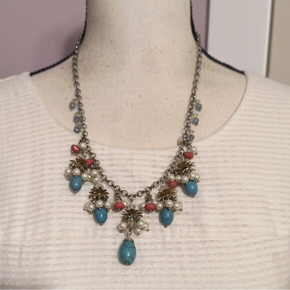 Talbots Jewelry - Talbots Cluster Fringe Statement Necklace Howlite Turquoise Pearls